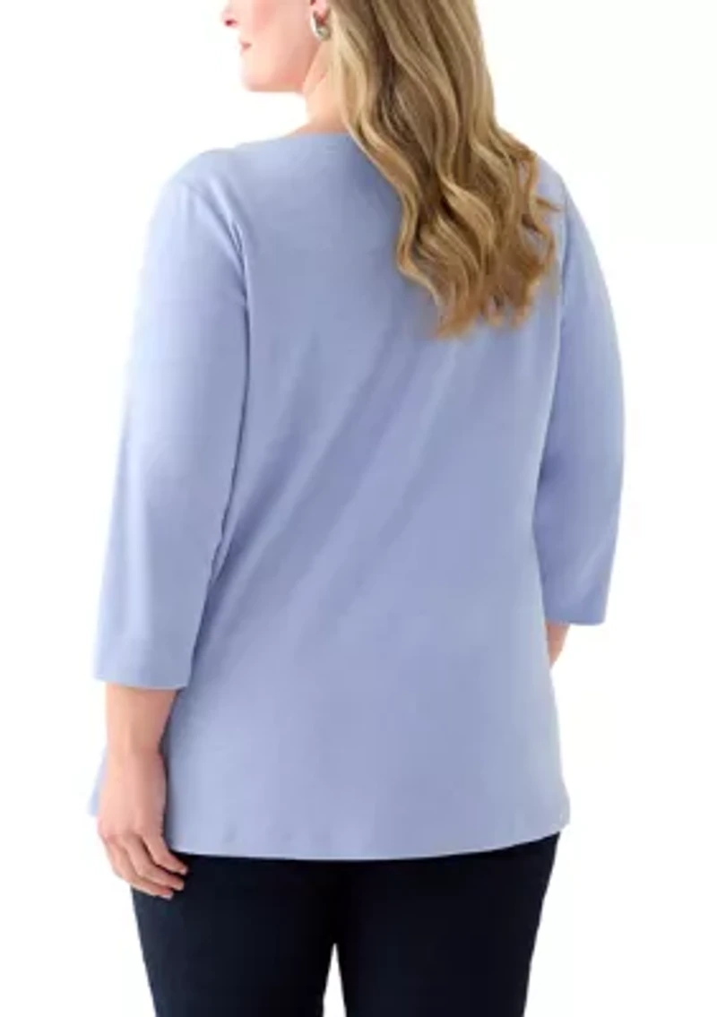 Plus 3/4 Sleeve Split Neck Top