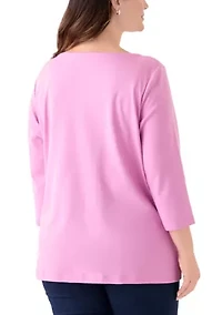 Plus 3/4 Sleeve Split Neck Top