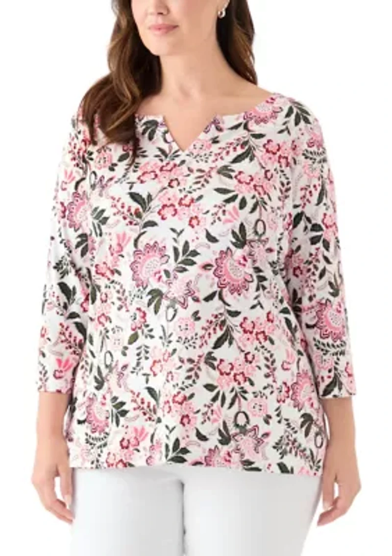 Plus 3/4 Sleeve Split Neck Allover Print Top