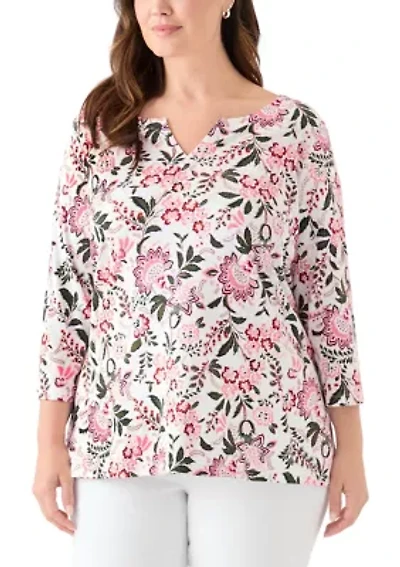 Plus 3/4 Sleeve Split Neck Allover Print Top