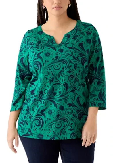Plus 3/4 Sleeve Split Neck Allover Print Top