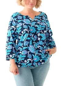 Plus 3/4 Sleeve Split Neck Allover Print Top