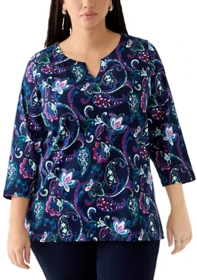 Plus 3/4 Sleeve Split Neck Allover Print Top