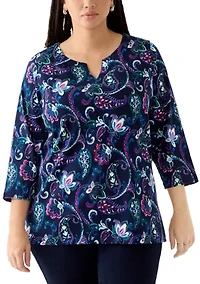 Plus 3/4 Sleeve Split Neck Allover Print Top