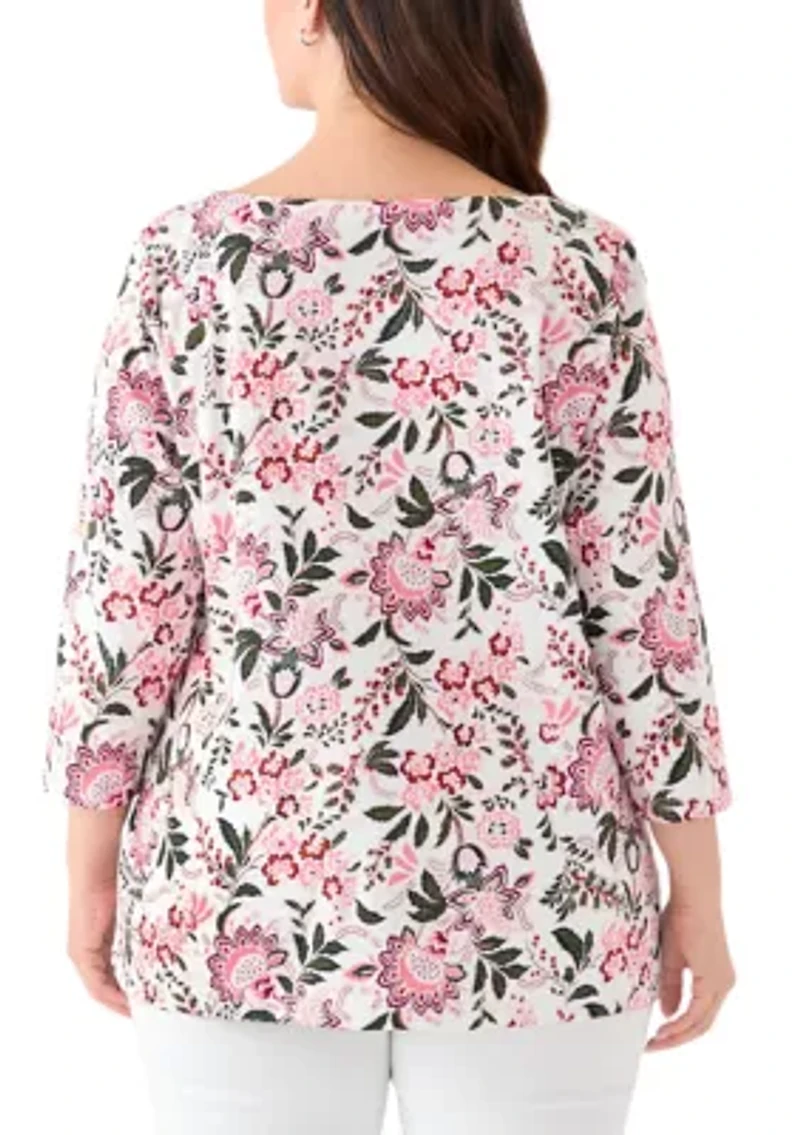 Plus 3/4 Sleeve Split Neck Allover Print Top