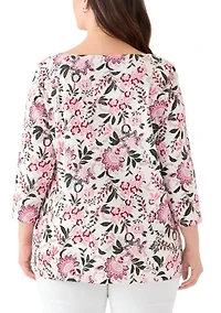 Plus 3/4 Sleeve Split Neck Allover Print Top