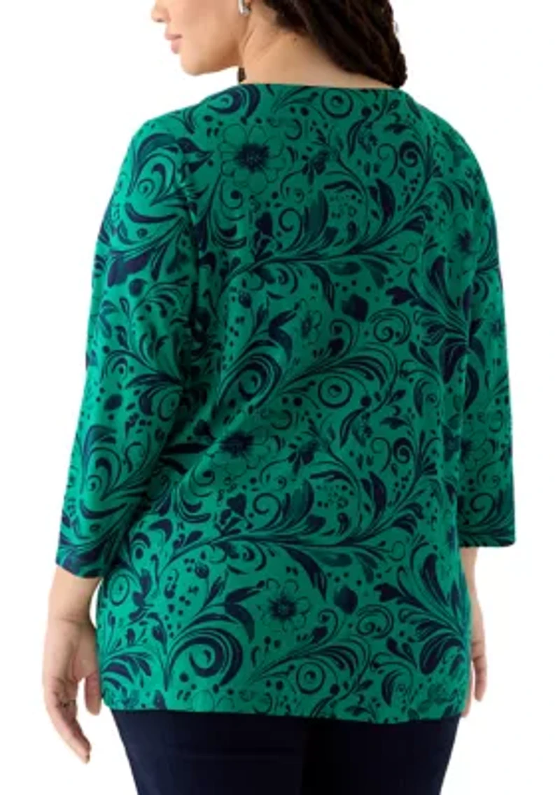 Plus 3/4 Sleeve Split Neck Allover Print Top