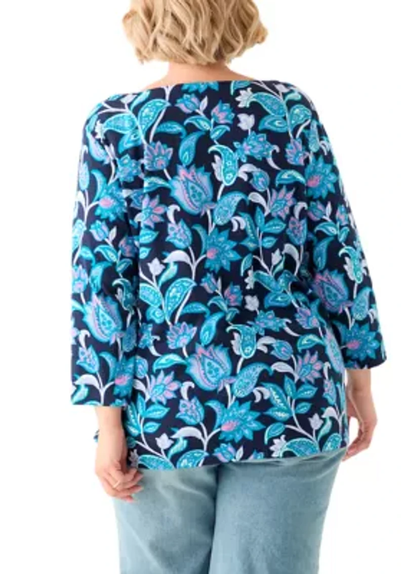Plus 3/4 Sleeve Split Neck Allover Print Top