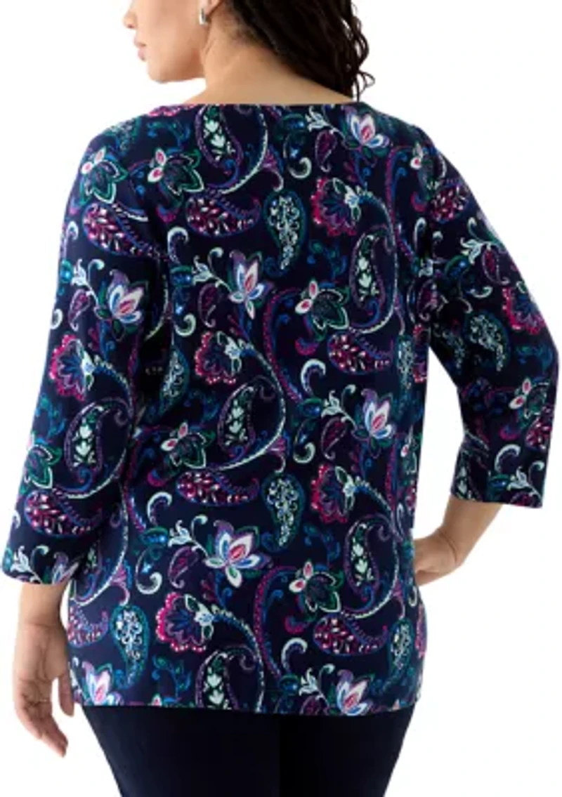 Plus 3/4 Sleeve Split Neck Allover Print Top