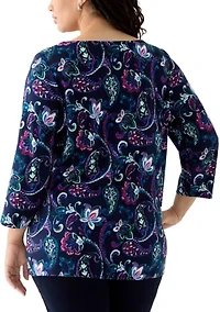 Plus 3/4 Sleeve Split Neck Allover Print Top