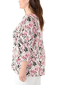 Plus 3/4 Sleeve Split Neck Allover Print Top