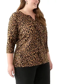 Plus 3/4 Sleeve Split Neck Allover Print Top