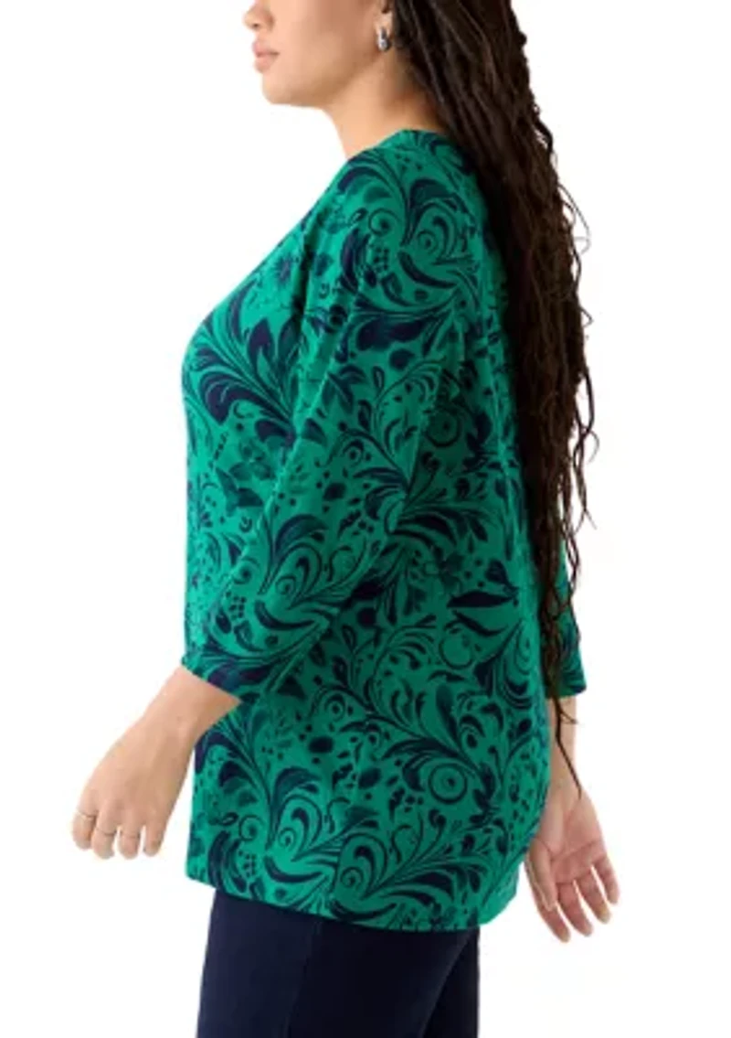 Plus 3/4 Sleeve Split Neck Allover Print Top