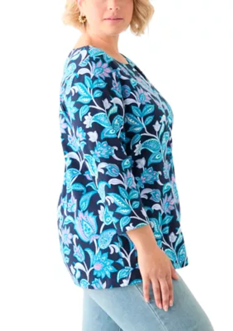 Plus 3/4 Sleeve Split Neck Allover Print Top