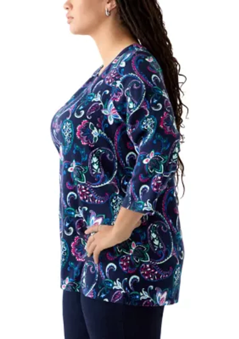 Plus 3/4 Sleeve Split Neck Allover Print Top