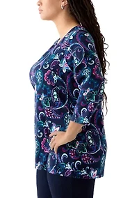 Plus 3/4 Sleeve Split Neck Allover Print Top