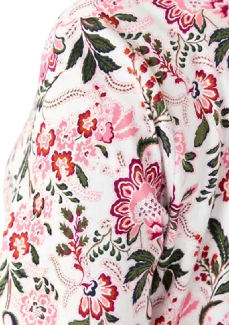 Plus 3/4 Sleeve Split Neck Allover Print Top