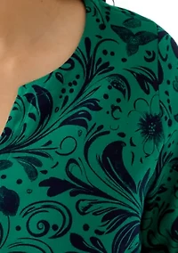 Plus 3/4 Sleeve Split Neck Allover Print Top