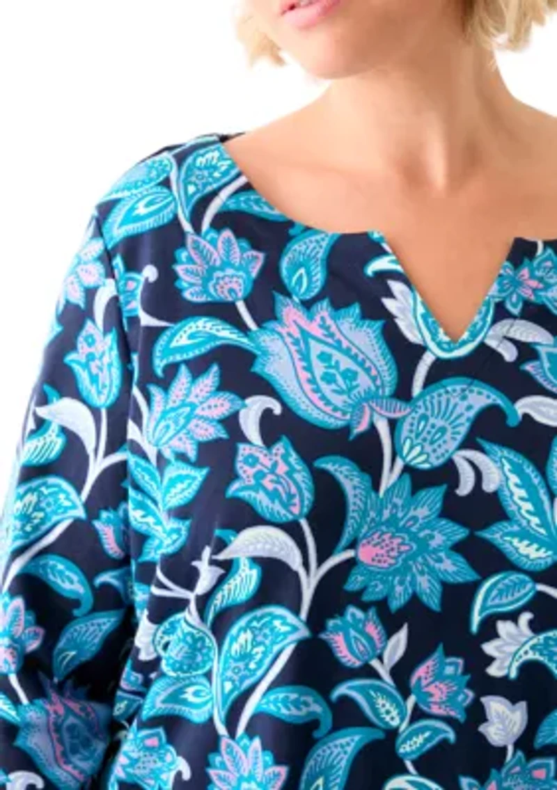 Plus 3/4 Sleeve Split Neck Allover Print Top
