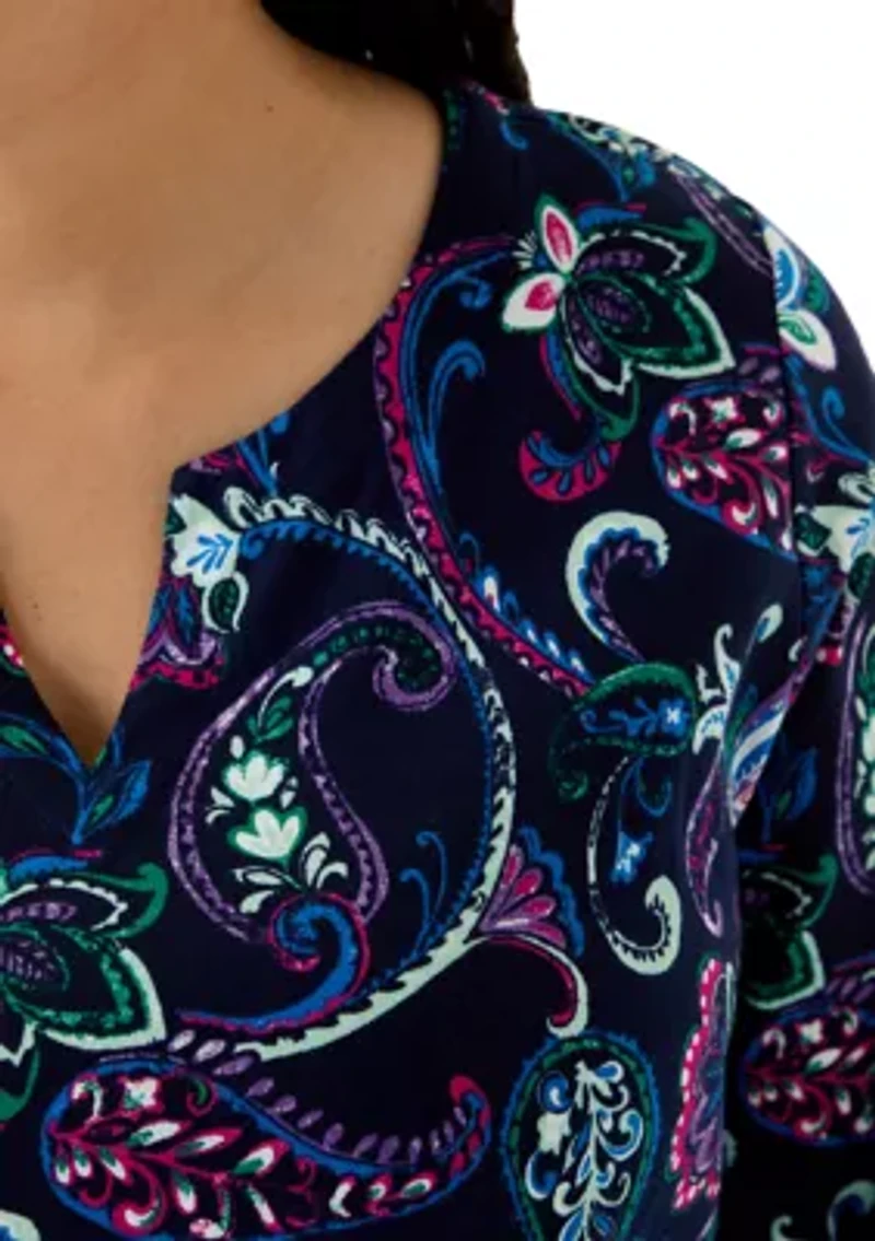 Plus 3/4 Sleeve Split Neck Allover Print Top