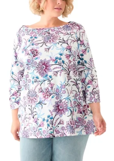 Plus 3/4 Sleeve Boat Neck Printed Tunic Top