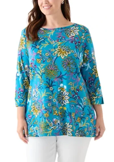 Plus 3/4 Sleeve Boat Neck Printed Tunic Top