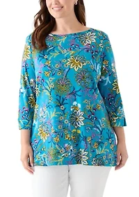 Plus 3/4 Sleeve Boat Neck Printed Tunic Top