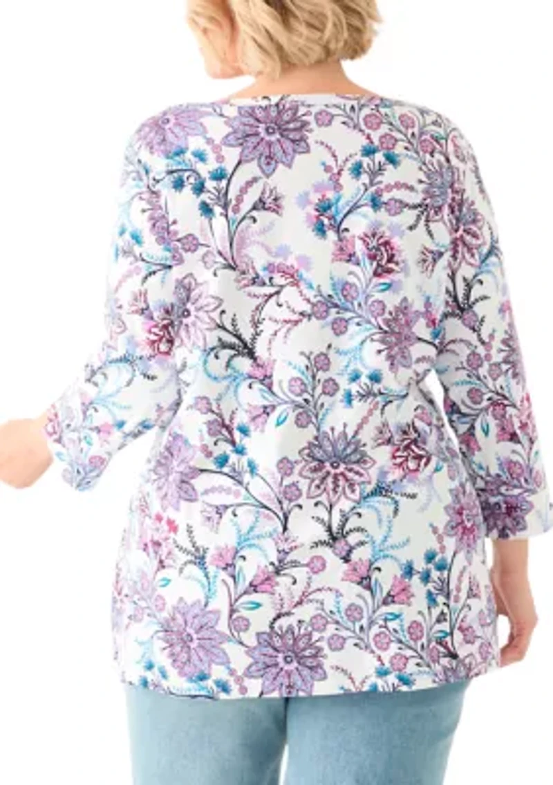 Plus 3/4 Sleeve Boat Neck Printed Tunic Top