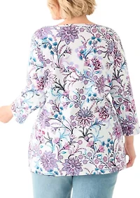 Plus 3/4 Sleeve Boat Neck Printed Tunic Top