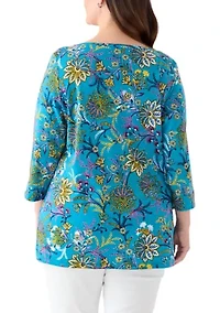 Plus 3/4 Sleeve Boat Neck Printed Tunic Top