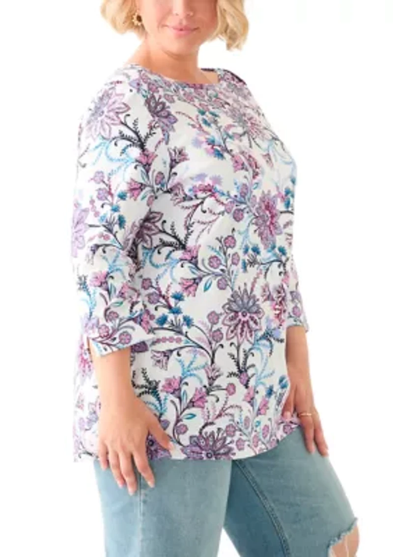 Plus 3/4 Sleeve Boat Neck Printed Tunic Top