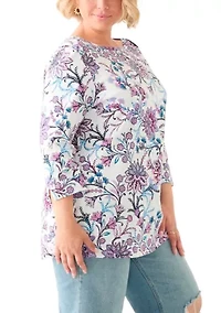 Plus 3/4 Sleeve Boat Neck Printed Tunic Top