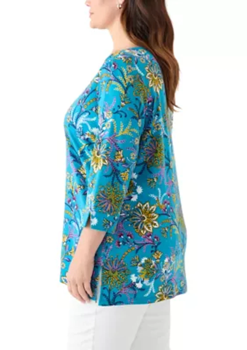 Plus 3/4 Sleeve Boat Neck Printed Tunic Top