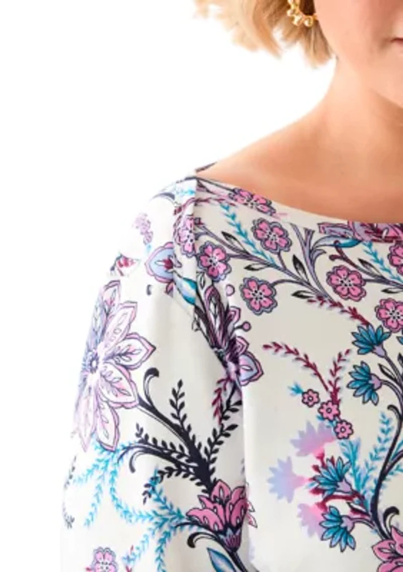 Plus 3/4 Sleeve Boat Neck Printed Tunic Top