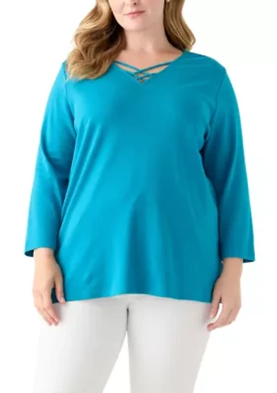 Plus Three Quarter Sleeve Neck Detail Solid Top