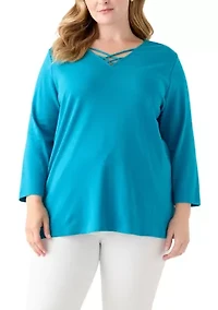 Plus Three Quarter Sleeve Neck Detail Solid Top