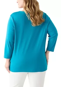 Plus Three Quarter Sleeve Neck Detail Solid Top