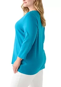 Plus Three Quarter Sleeve Neck Detail Solid Top