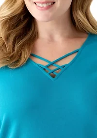 Plus Three Quarter Sleeve Neck Detail Solid Top