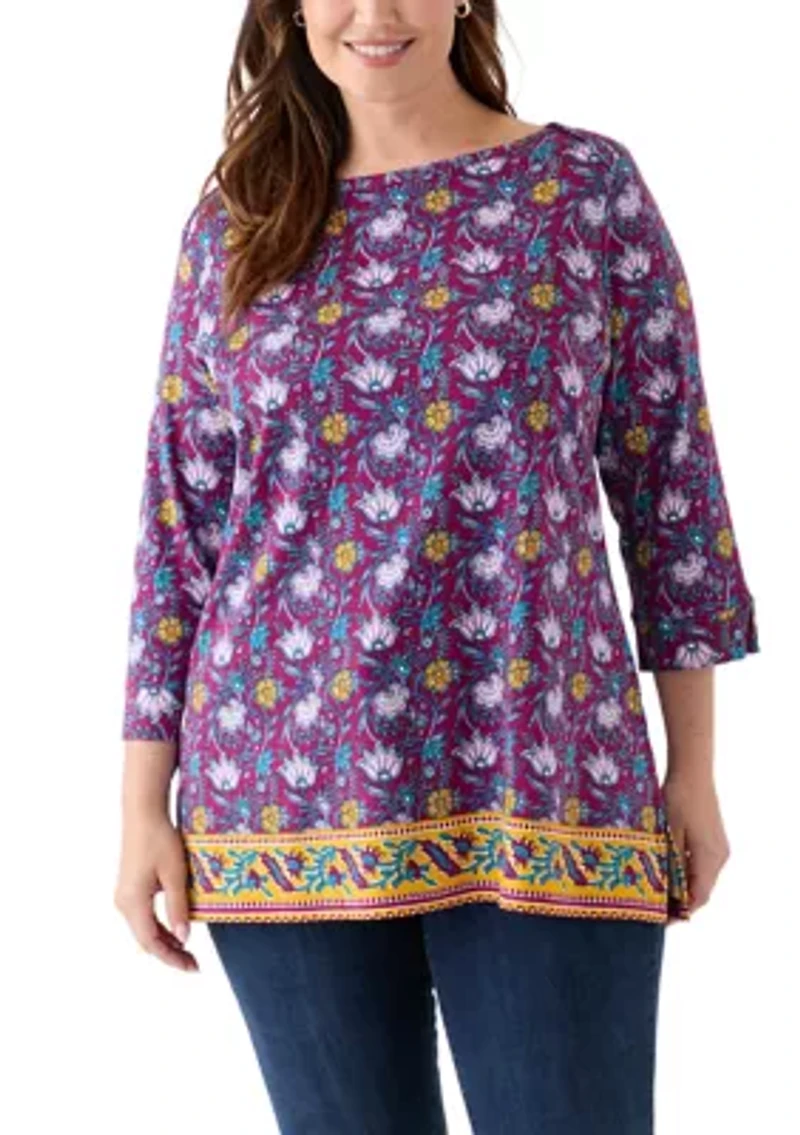 Three-Quarter Sleeve Bateu Tunic Border Printed Top