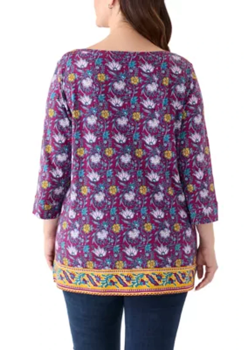 Three-Quarter Sleeve Bateu Tunic Border Printed Top