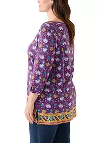 Three-Quarter Sleeve Bateu Tunic Border Printed Top
