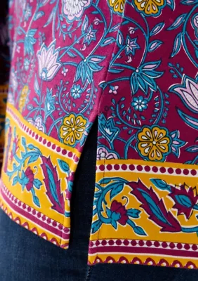 Three-Quarter Sleeve Bateu Tunic Border Printed Top