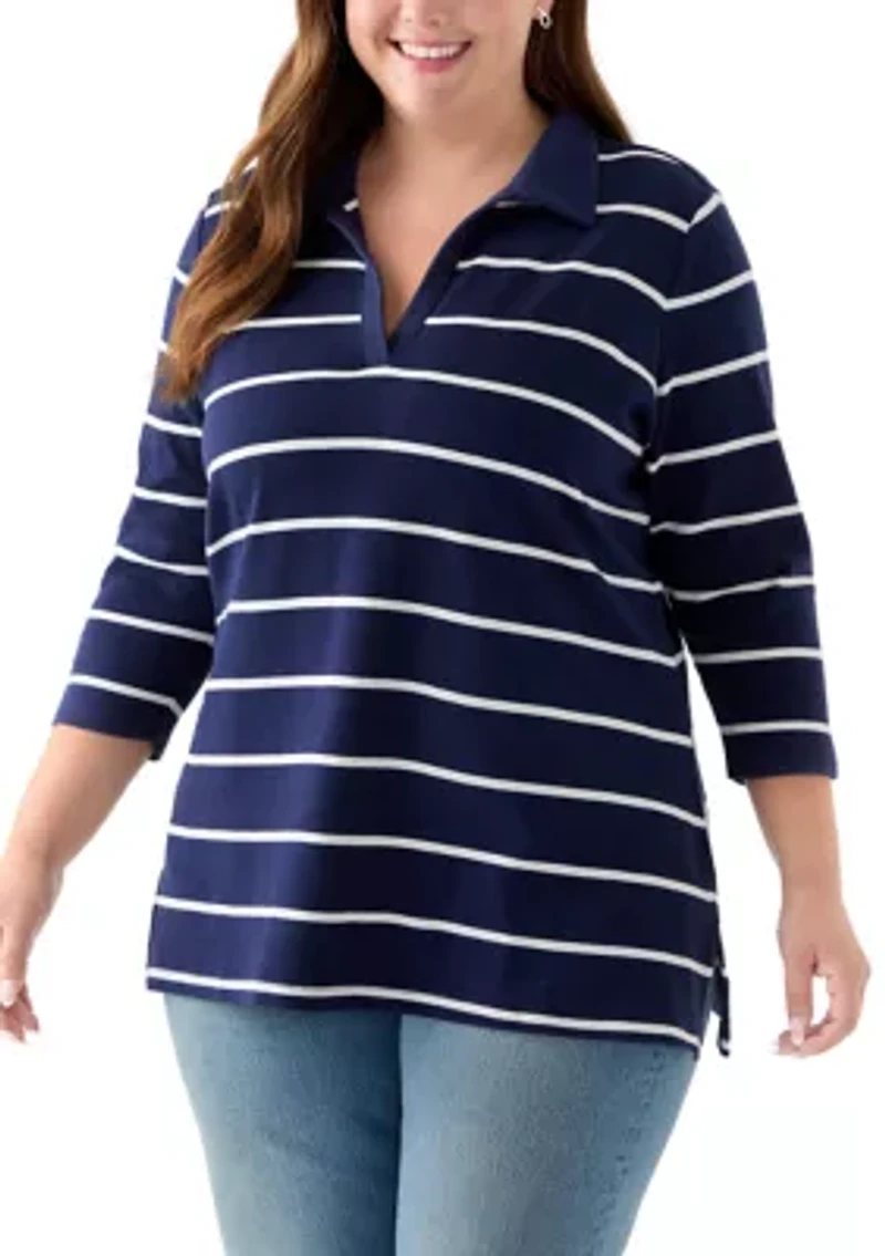 Plus 3/4 Sleeve Polo Yarn Dyed Stripe Tunic Shirt