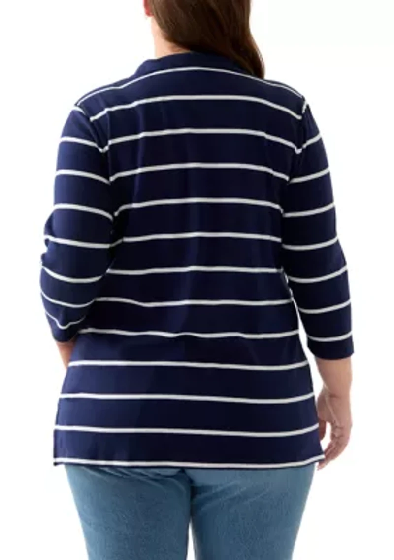 Plus 3/4 Sleeve Polo Yarn Dyed Stripe Tunic Shirt