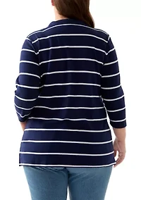 Plus 3/4 Sleeve Polo Yarn Dyed Stripe Tunic Shirt