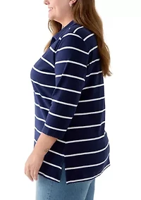Plus 3/4 Sleeve Polo Yarn Dyed Stripe Tunic Shirt