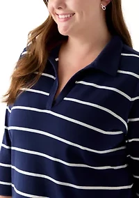 Plus 3/4 Sleeve Polo Yarn Dyed Stripe Tunic Shirt