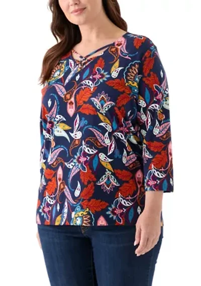 Plus Three Quarter Neck Detail Shirt