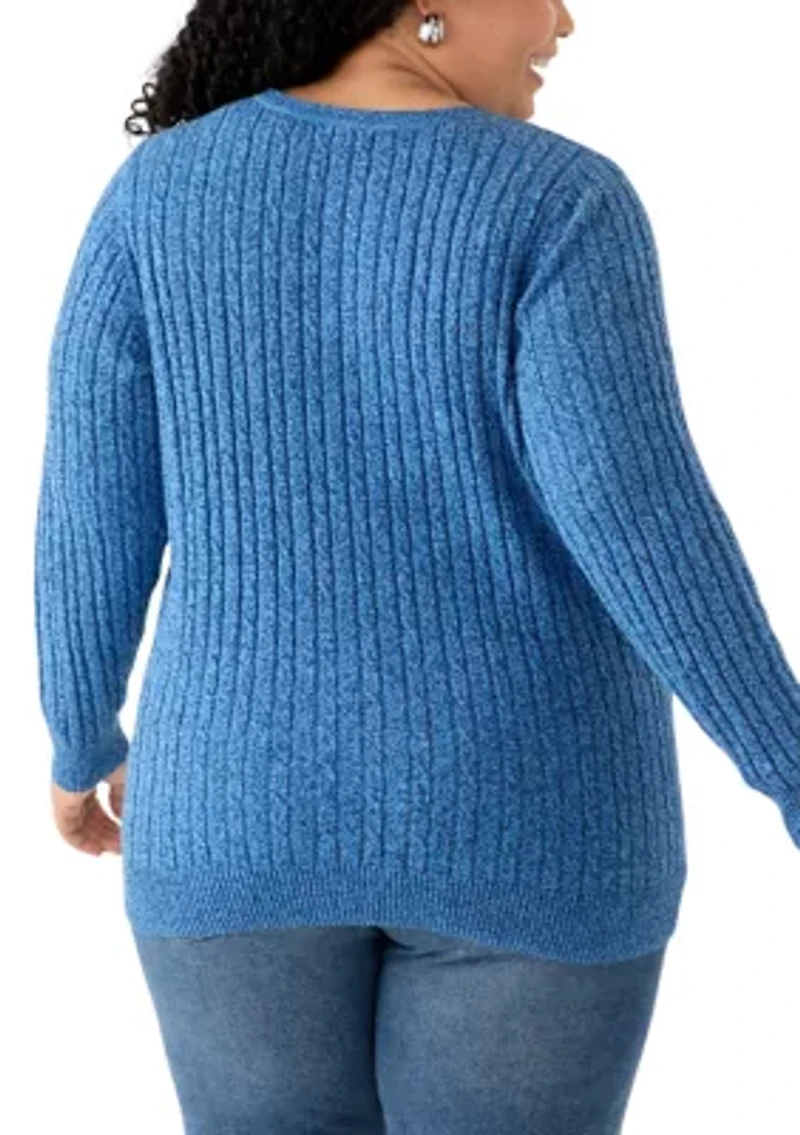 Plus Long Sleeve Cable Knit Crew Neck Marl Sweater